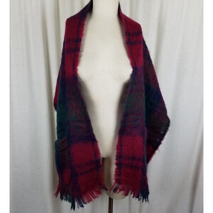 Glentana Made in Scotland All Mohair Pile Plaid Fringe Scarf Wrap Pockets Womens